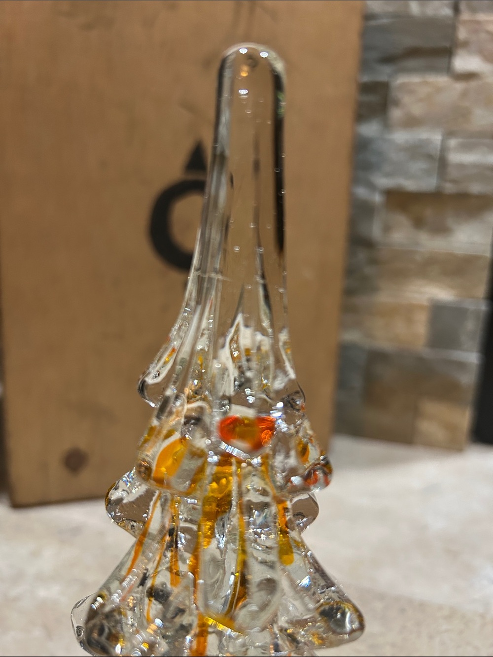 vintage clear art glass Christmas tree figurine with orange stripes - Picture 5 of 12